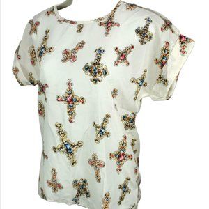 LIVA GIRL Religious Crucifix Blouse XXL Cream Shirtw/ Vibrant Jewelry Crosses